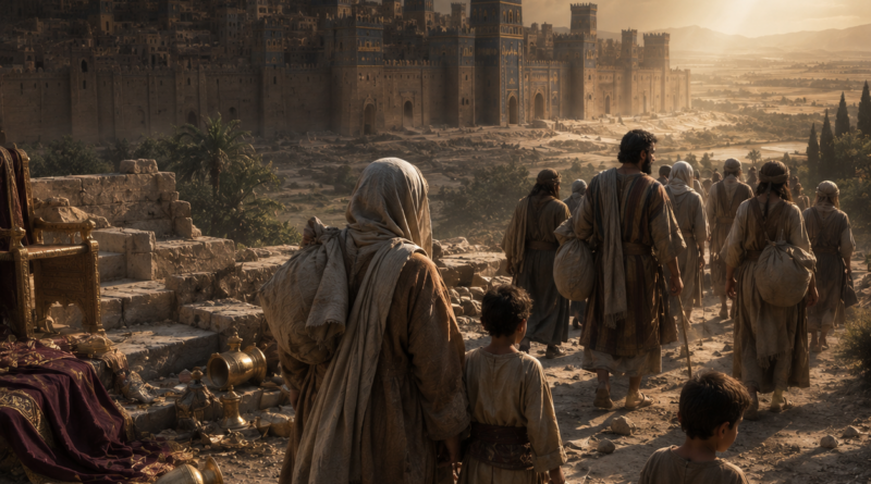 Weary Israelites finding refuge as proud Babylon is humbled in the background, reflecting mercy and judgment in Isaiah 14.