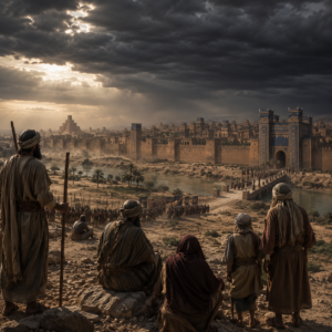 Ancient Babylon under dark storm clouds as people watch in fear, reflecting the judgment and warning of Isaiah 13.