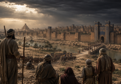 Ancient Babylon under dark storm clouds as people watch in fear, reflecting the judgment and warning of Isaiah 13.