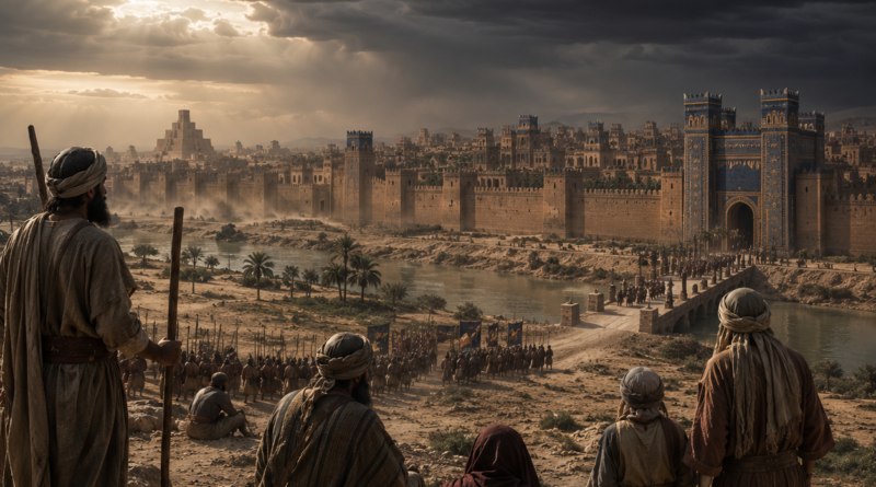 Ancient Babylon under dark storm clouds as people watch in fear, reflecting the judgment and warning of Isaiah 13.