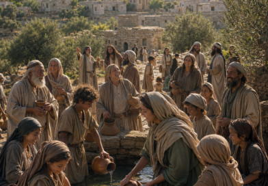 Ancient Israelites drawing water from a stone well with joy and thanksgiving, reflecting the salvation and praise of Isaiah 12.