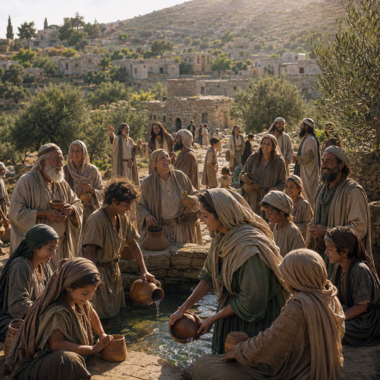 Ancient Israelites drawing water from a stone well with joy and thanksgiving, reflecting the salvation and praise of Isaiah 12.