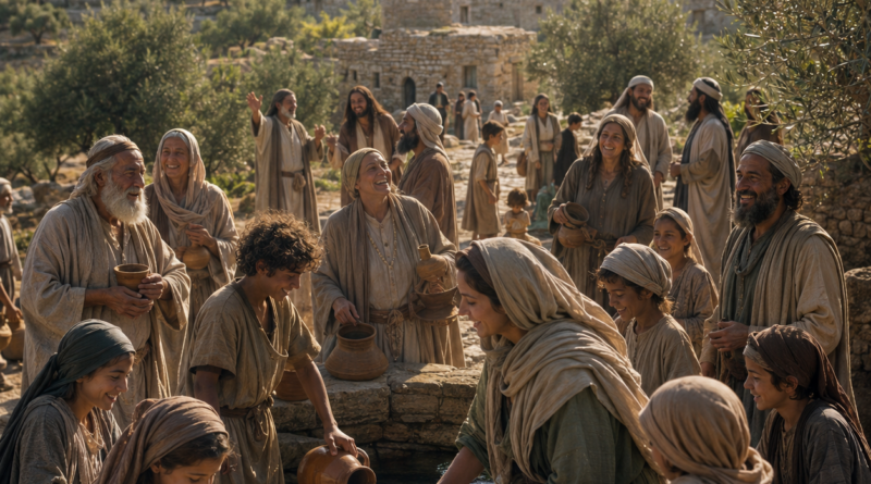 Ancient Israelites drawing water from a stone well with joy and thanksgiving, reflecting the salvation and praise of Isaiah 12.