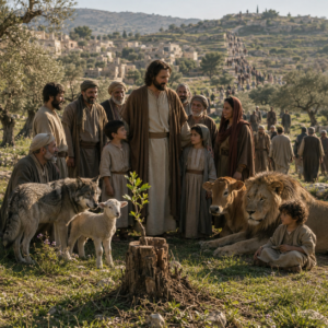 The Branch from Jesse and the Peaceful Kingdom - Holy Bible | Evangelium Of Grace A peaceful biblical-era landscape with the Branch from Jesse, restored creation, and nations seeking God’s righteous King in Isaiah 11.