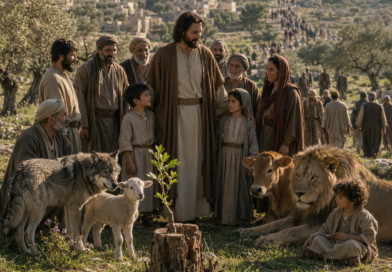 A peaceful biblical-era landscape with the Branch from Jesse, restored creation, and nations seeking God’s righteous King in Isaiah 11.