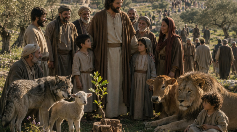 A peaceful biblical-era landscape with the Branch from Jesse, restored creation, and nations seeking God’s righteous King in Isaiah 11.