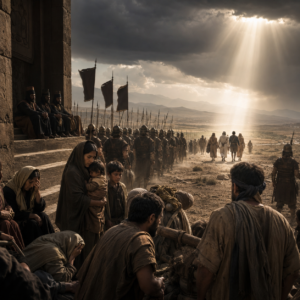 Ancient Israelites under oppression as an Assyrian army approaches, reflecting judgment and remnant hope in Isaiah 10.