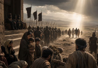 Ancient Israelites under oppression as an Assyrian army approaches, reflecting judgment and remnant hope in Isaiah 10.