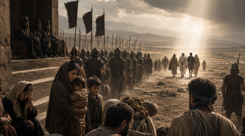 Ancient Israelites under oppression as an Assyrian army approaches, reflecting judgment and remnant hope in Isaiah 10.