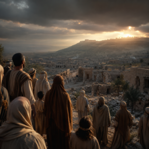 Ancient Israelites standing in darkness as dawn breaks over the land, reflecting the hope and warning of Isaiah 9.