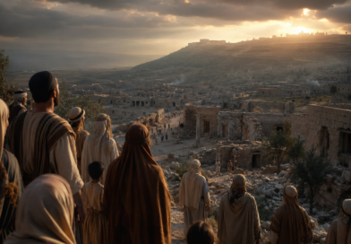 Ancient Israelites standing in darkness as dawn breaks over the land, reflecting the hope and warning of Isaiah 9.