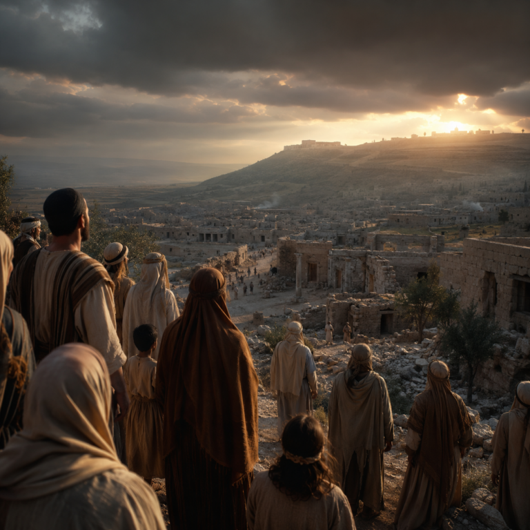 Ancient Israelites standing in darkness as dawn breaks over the land, reflecting the hope and warning of Isaiah 9.
