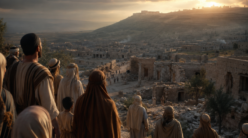 Ancient Israelites standing in darkness as dawn breaks over the land, reflecting the hope and warning of Isaiah 9.