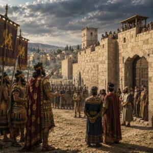 Assyrian envoys confronting Jerusalem as the people face a test of faith in Isaiah 36.