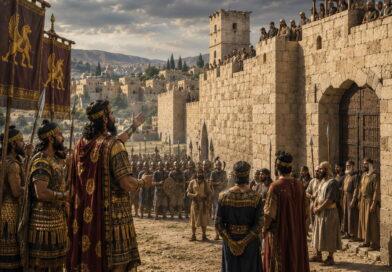 Assyrian envoys confronting Jerusalem as the people face a test of faith in Isaiah 36.