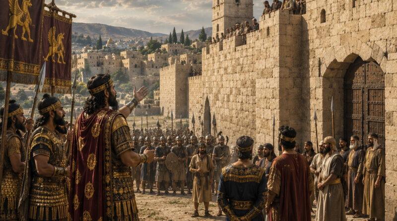 Assyrian envoys confronting Jerusalem as the people face a test of faith in Isaiah 36.