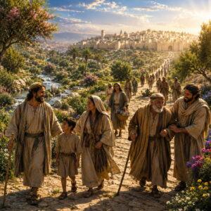 The redeemed traveling on the Highway of Holiness through a restored land in Isaiah 35.