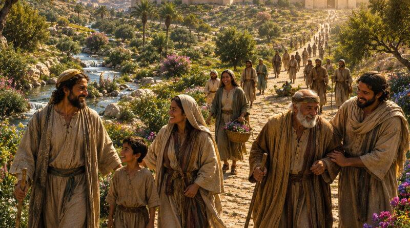 The redeemed traveling on the Highway of Holiness through a restored land in Isaiah 35.