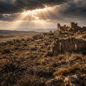 Ancient ruins reclaimed by the wilderness symbolizing God's judgment in Isaiah 34.