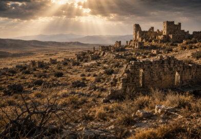 Ancient ruins reclaimed by the wilderness symbolizing God's judgment in Isaiah 34.