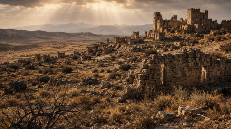 Ancient ruins reclaimed by the wilderness symbolizing God's judgment in Isaiah 34.