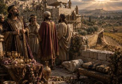 Ancient leaders near fading garlands and a firm cornerstone in Zion, reflecting Isaiah 28 and God’s warning against false security