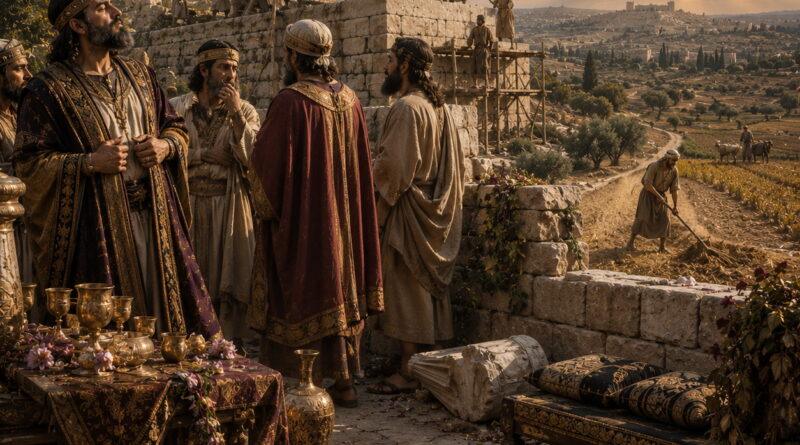Ancient leaders near fading garlands and a firm cornerstone in Zion, reflecting Isaiah 28 and God’s warning against false security