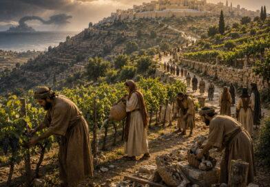 Ancient vineyard restored near Jerusalem with pilgrims gathering, reflecting Isaiah 27 and the Lord’s care for His people