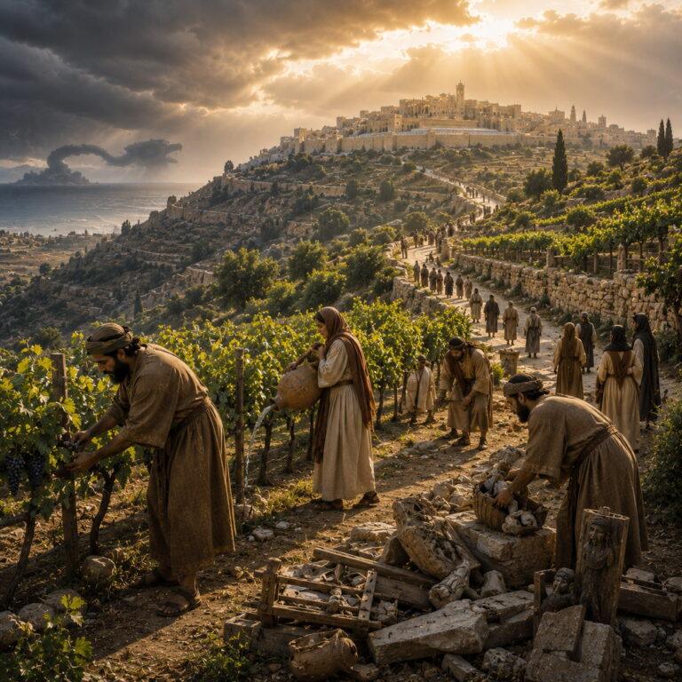 Ancient vineyard restored near Jerusalem with pilgrims gathering, reflecting Isaiah 27 and the Lord’s care for His people