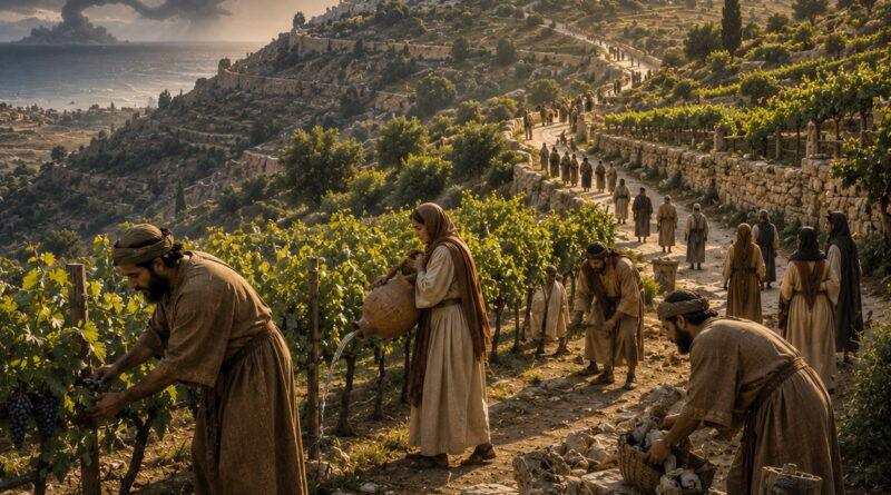 Ancient vineyard restored near Jerusalem with pilgrims gathering, reflecting Isaiah 27 and the Lord’s care for His people
