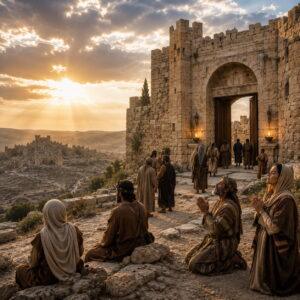 Ancient fortified city at dawn symbolizing perfect peace and refuge in the Lord from Isaiah 26