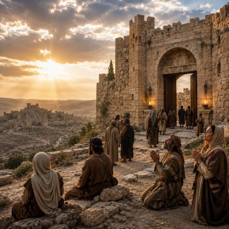 Ancient fortified city at dawn symbolizing perfect peace and refuge in the Lord from Isaiah 26