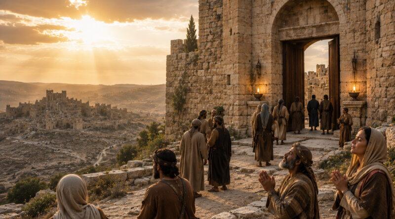 Ancient fortified city at dawn symbolizing perfect peace and refuge in the Lord from Isaiah 26