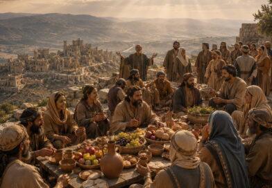 Ancient mountain feast of salvation with humbled ruins below, reflecting Isaiah 25 and the Lord’s promise to swallow up death