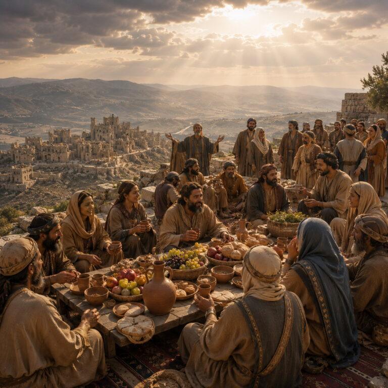 Ancient mountain feast of salvation with humbled ruins below, reflecting Isaiah 25 and the Lord’s promise to swallow up death