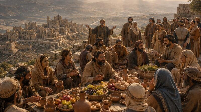 Ancient mountain feast of salvation with humbled ruins below, reflecting Isaiah 25 and the Lord’s promise to swallow up death