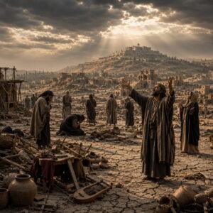 Ancient land shaken under judgment with a remnant worshipping as Isaiah 24 points to the Lord’s reign in Zion