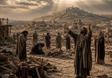 Ancient land shaken under judgment with a remnant worshipping as Isaiah 24 points to the Lord’s reign in Zion