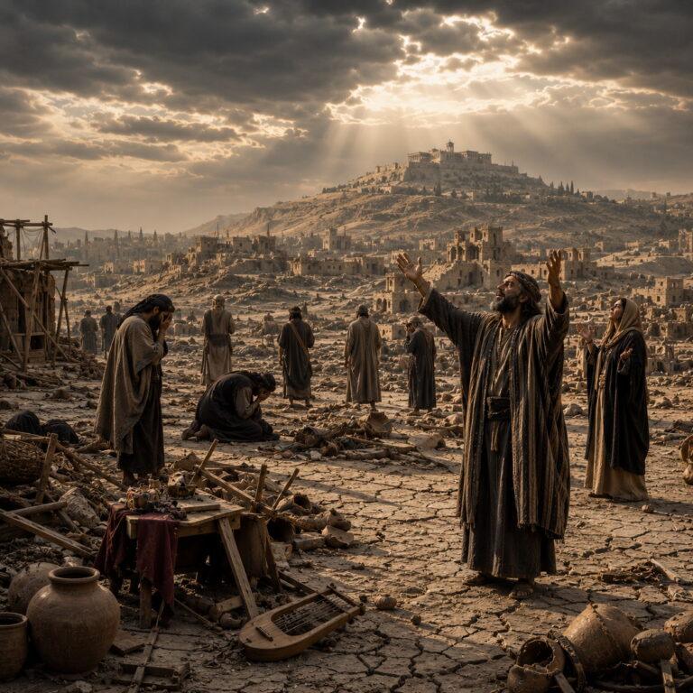 Ancient land shaken under judgment with a remnant worshipping as Isaiah 24 points to the Lord’s reign in Zion