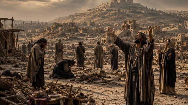 Ancient land shaken under judgment with a remnant worshipping as Isaiah 24 points to the Lord’s reign in Zion