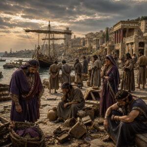 Ancient Tyre’s harbor humbled after judgment, with merchants and sailors mourning the fall of worldly wealth