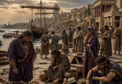 Ancient Tyre’s harbor humbled after judgment, with merchants and sailors mourning the fall of worldly wealth