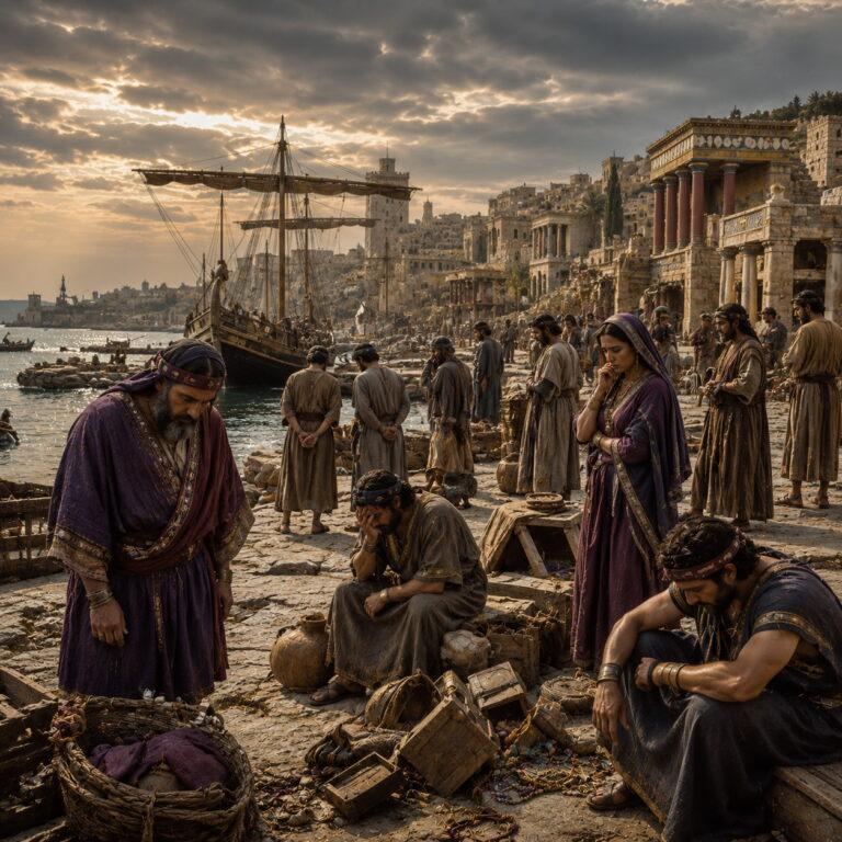 Ancient Tyre’s harbor humbled after judgment, with merchants and sailors mourning the fall of worldly wealth