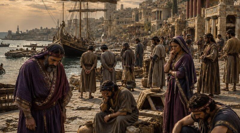 Ancient Tyre’s harbor humbled after judgment, with merchants and sailors mourning the fall of worldly wealth