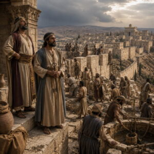 Ancient Jerusalem under warning as leaders and citizens trust city defenses in the context of Isaiah 22.