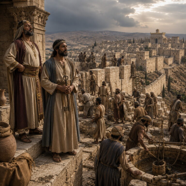 Ancient Jerusalem under warning as leaders and citizens trust city defenses in the context of Isaiah 22.