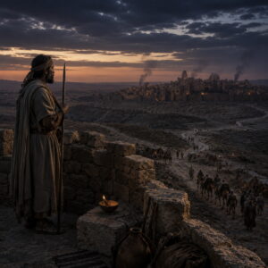 Ancient watchman overlooking desert caravans and a distant threatened city in the context of Isaiah 21.