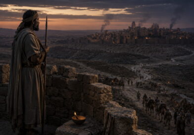 Ancient watchman overlooking desert caravans and a distant threatened city in the context of Isaiah 21.