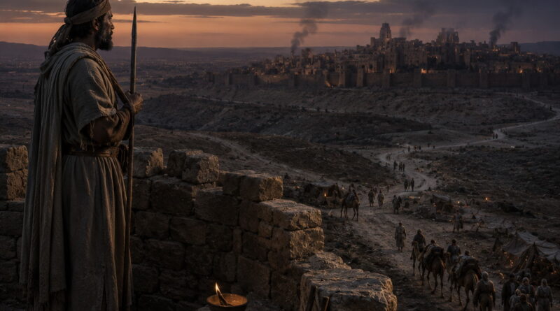 Ancient watchman overlooking desert caravans and a distant threatened city in the context of Isaiah 21.
