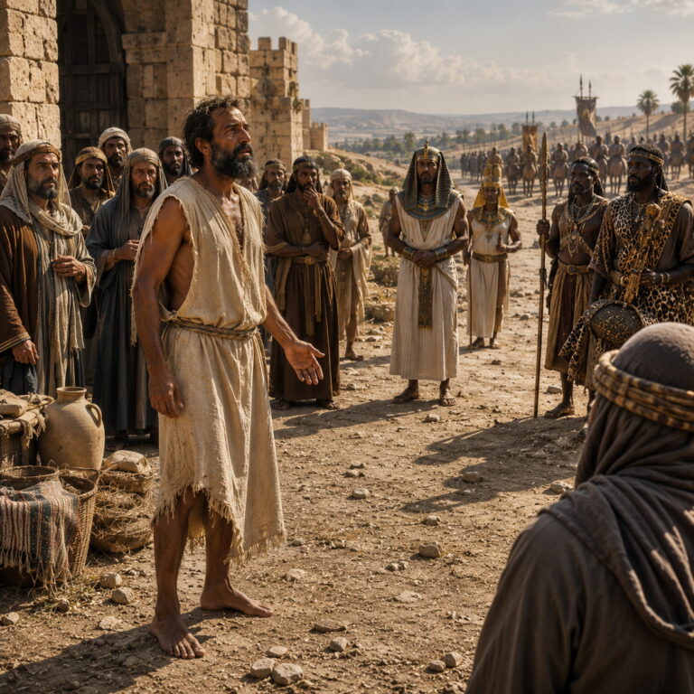 Barefoot prophet warning Judah against trusting Egypt and Ethiopia in the context of Isaiah 20.